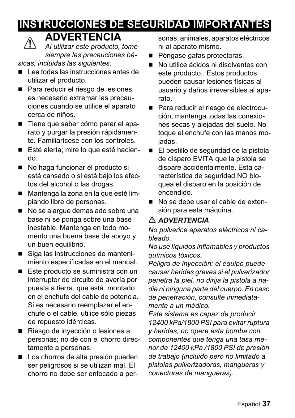 Advertencia, Instrucciones de seguridad importantes | Karcher K 3.69 M User Manual | Page 37 / 52