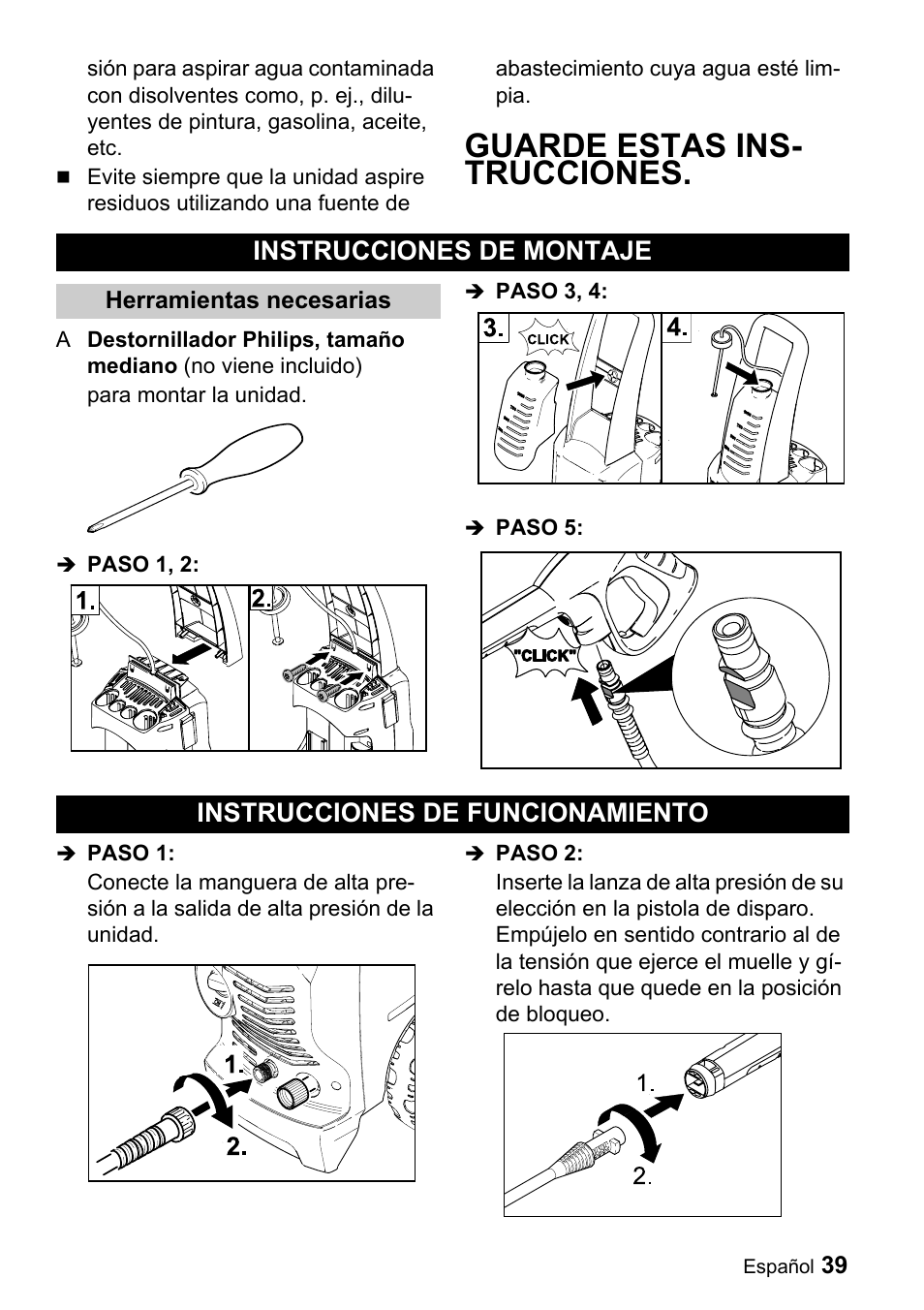 Guarde estas ins- trucciones, Instrucciones de montaje, Instrucciones de funcionamiento | Karcher K 3.69 M User Manual | Page 39 / 52