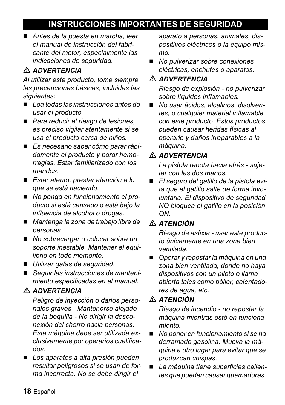 Instrucciones importantes de seguridad | Karcher G 4000 RH User Manual | Page 18 / 48