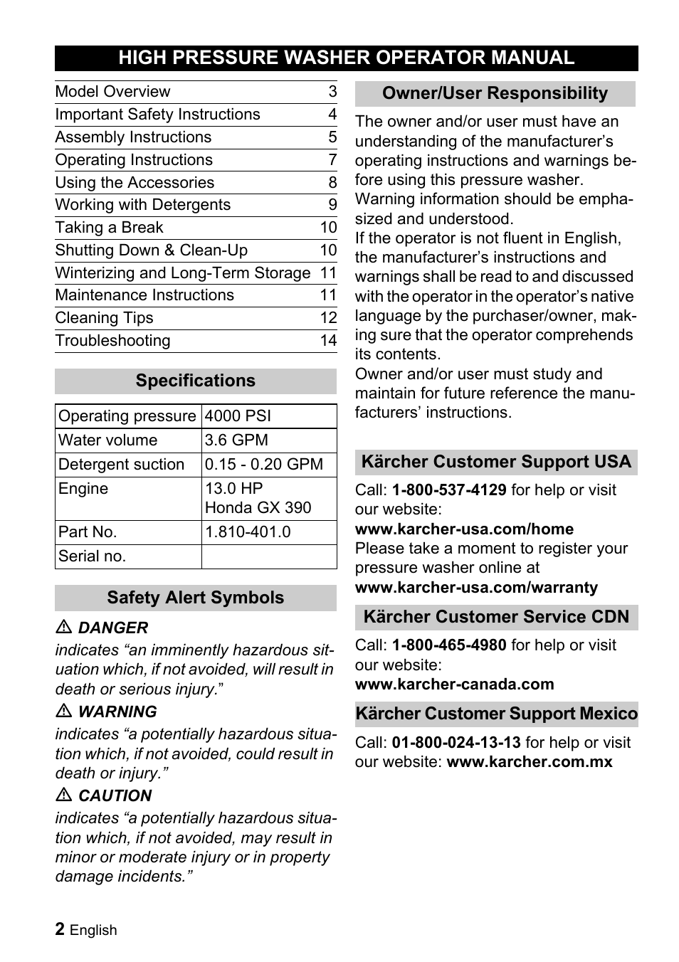 High pressure washer operator manual | Karcher G 4000 RH User Manual | Page 2 / 48