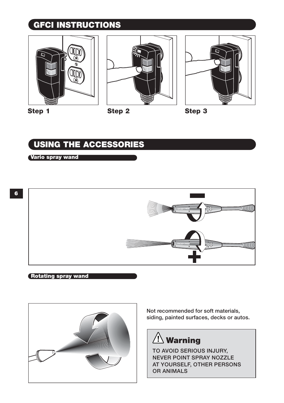 Warning, Gfci instructions, Using the accessories | Karcher K 395 M User Manual | Page 6 / 12