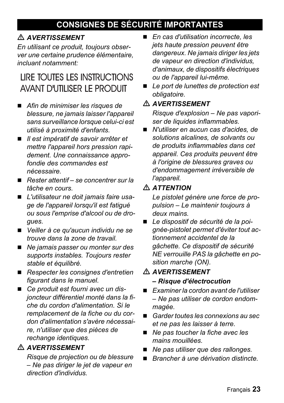 Consignes de sécurité importantes | Karcher K 3.540 User Manual | Page 23 / 64