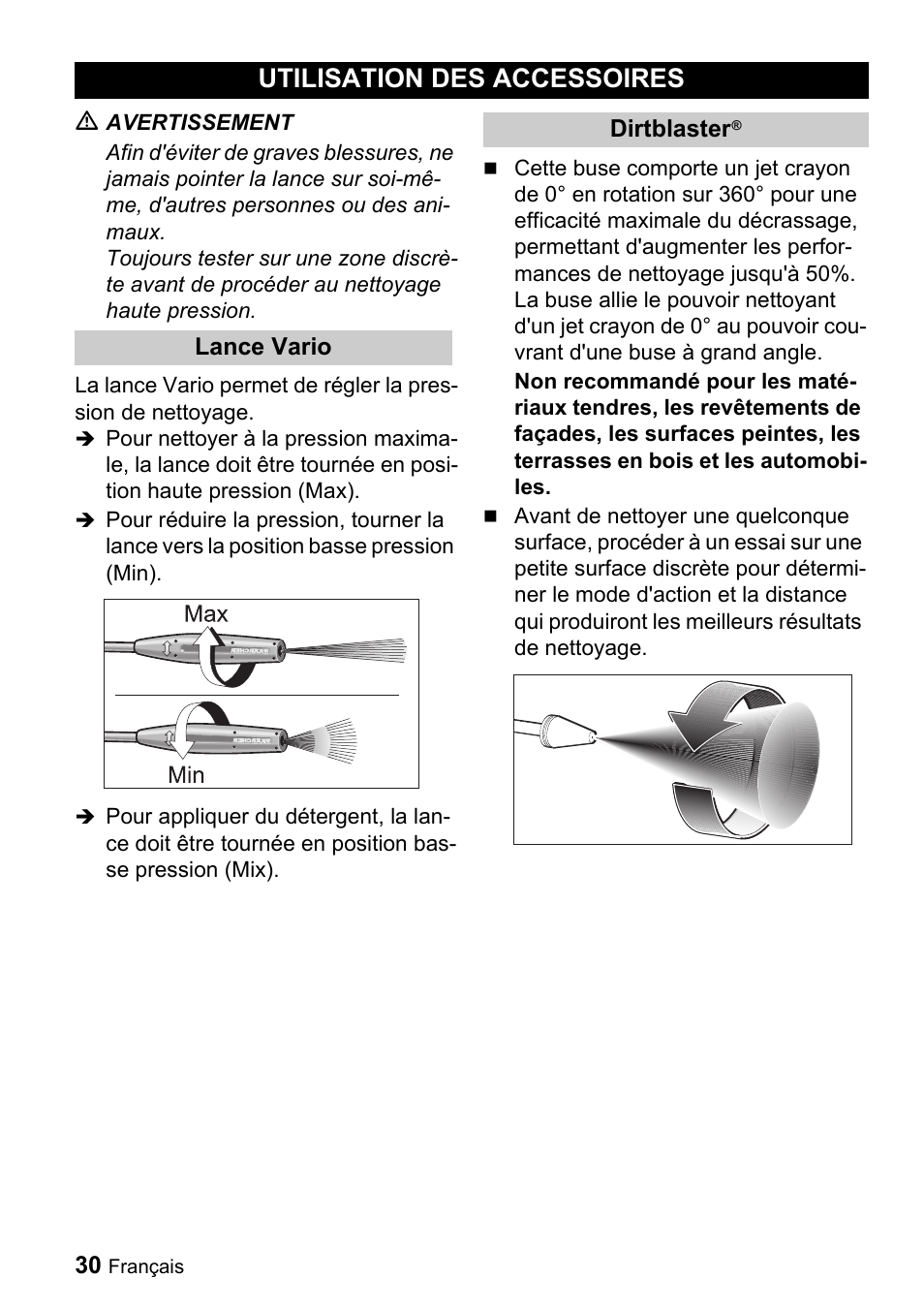 Utilisation des accessoires | Karcher K 3.540 User Manual | Page 30 / 64