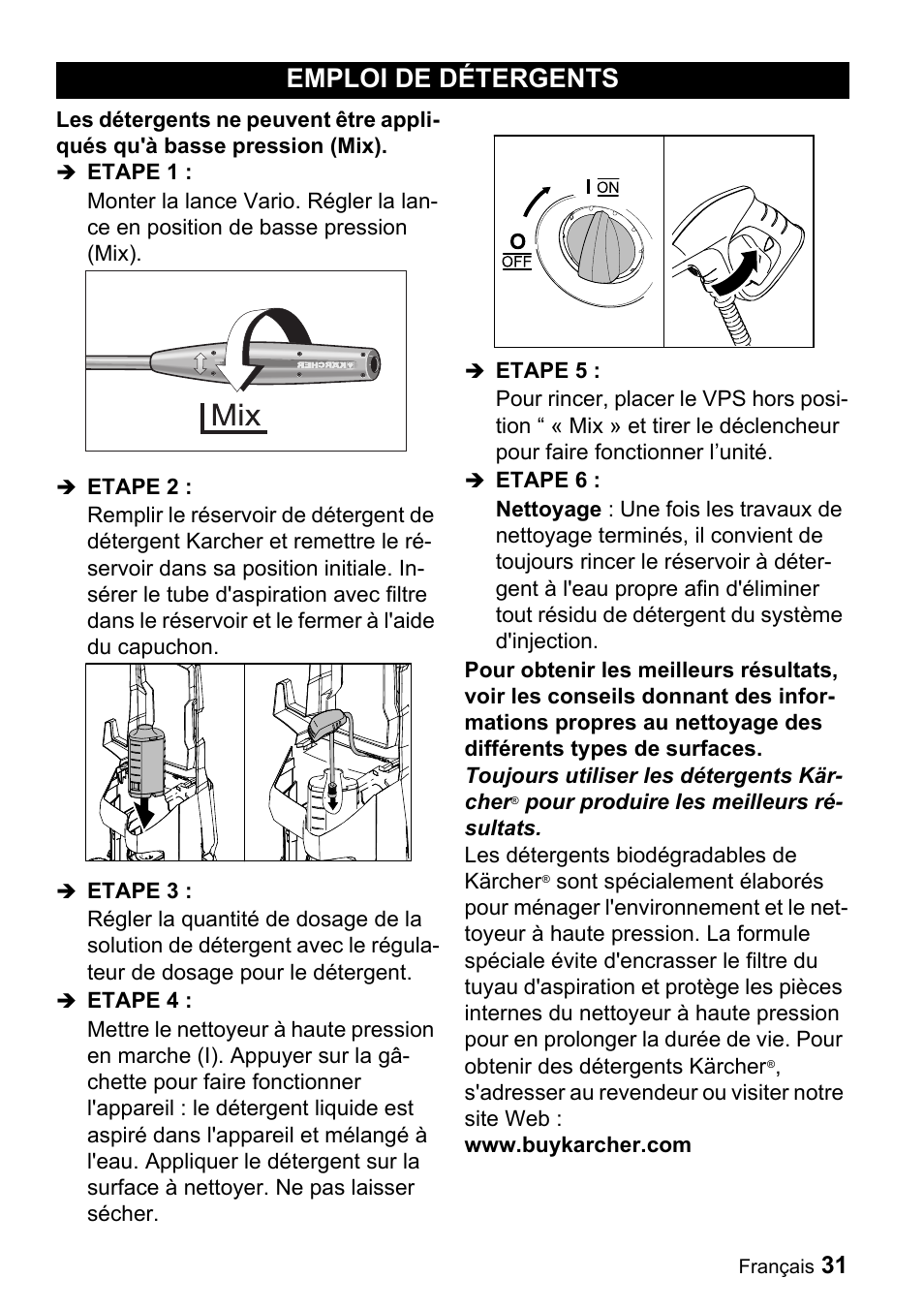 Emploi de détergents | Karcher K 3.540 User Manual | Page 31 / 64