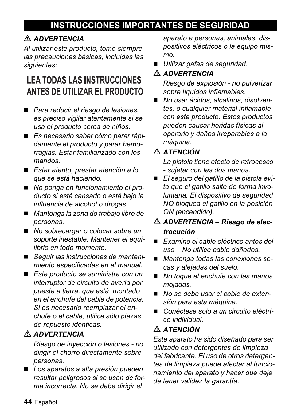 Instrucciones importantes de seguridad | Karcher K 3.540 User Manual | Page 44 / 64