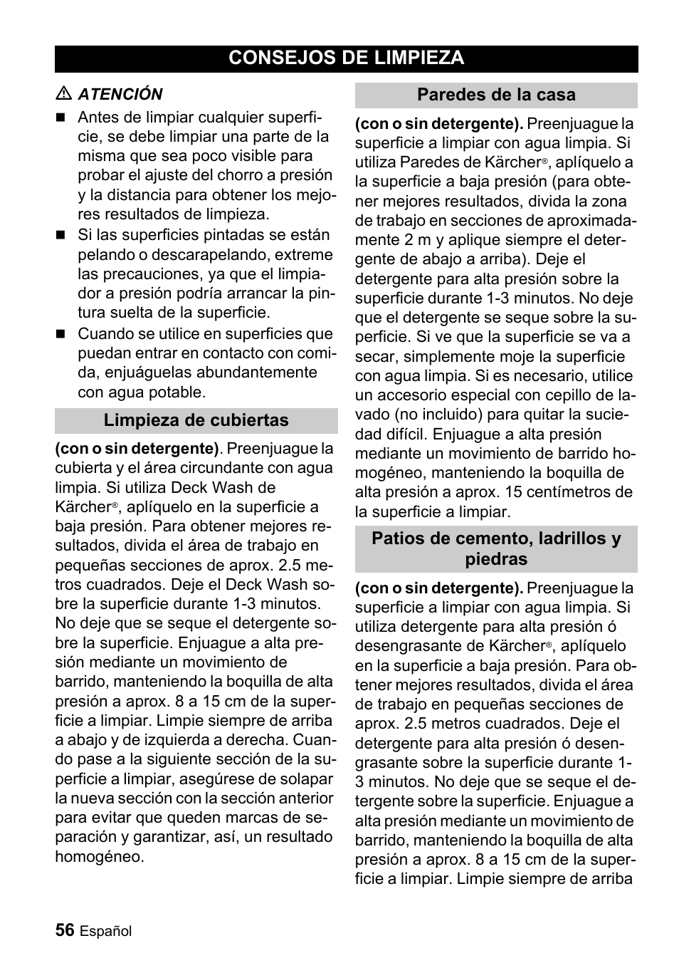 Consejos de limpieza | Karcher K 3.540 User Manual | Page 56 / 64