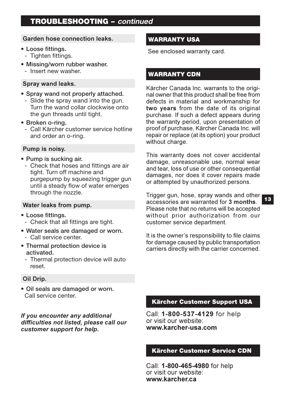 Continued, Troubleshooting | Karcher G 2600 OR User Manual | Page 13 / 40