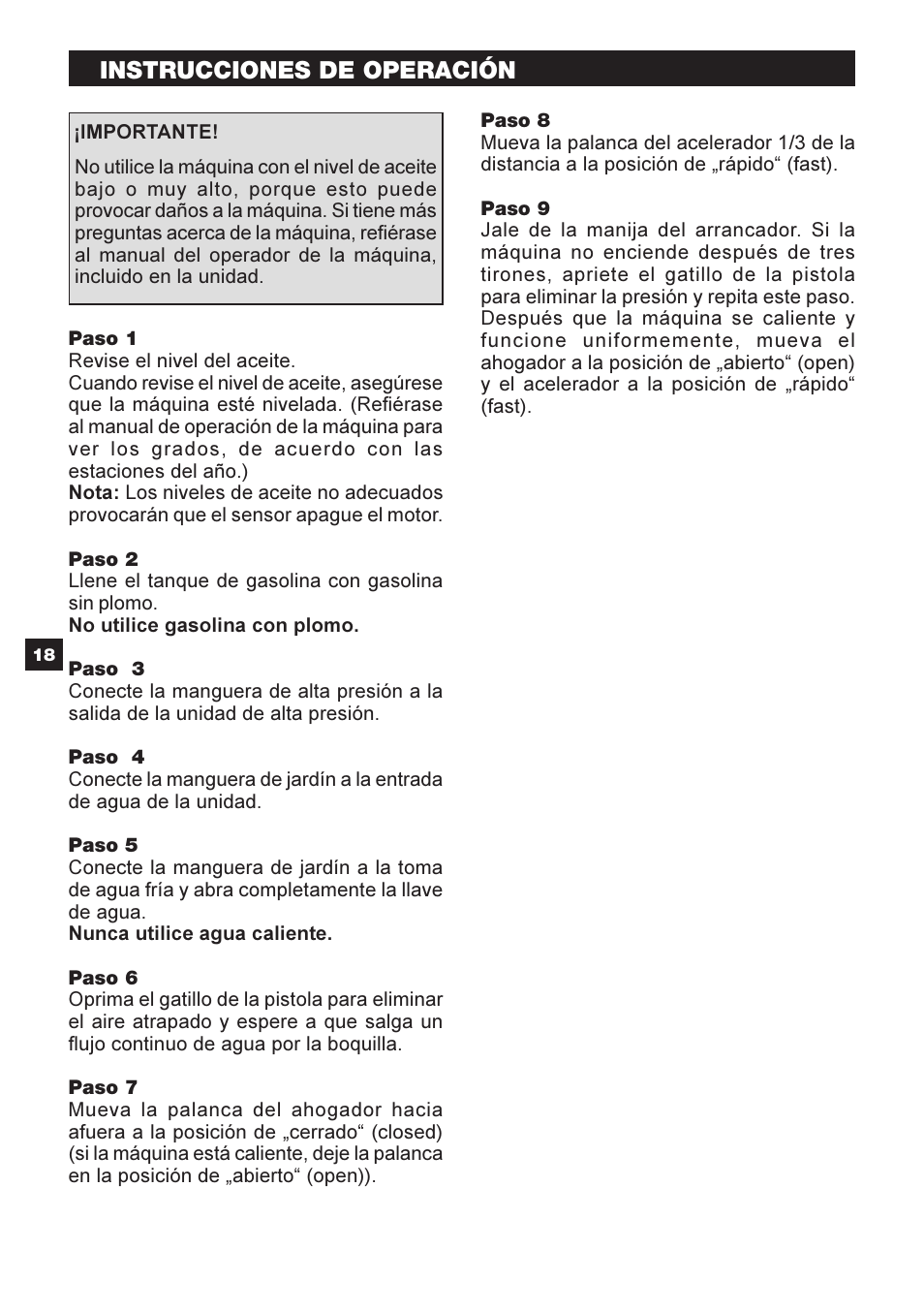 Instrucciones de operación | Karcher G 2600 OR User Manual | Page 18 / 40