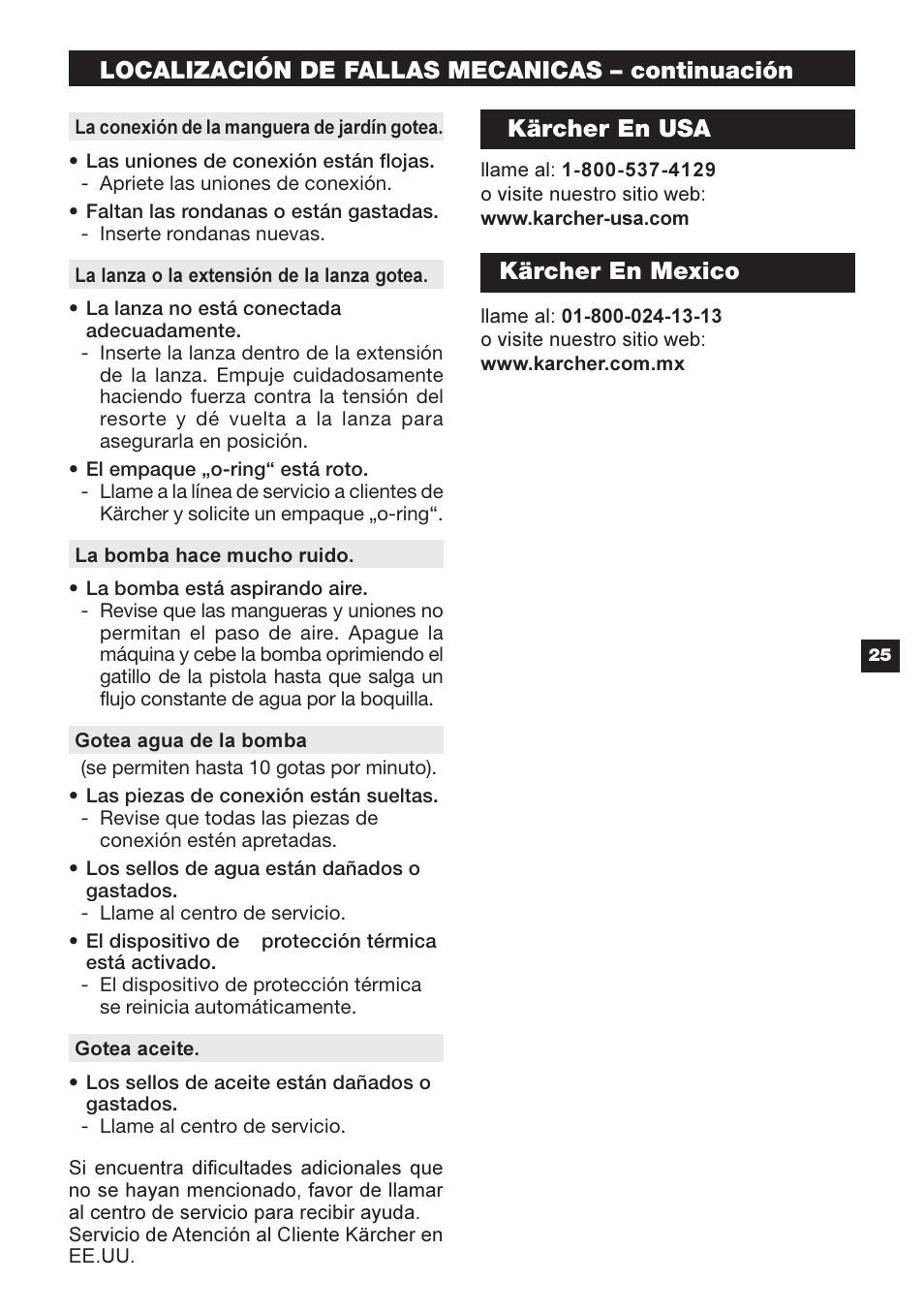 Localización de fallas mecanicas – continuación, Kärcher en usa, Kärcher en mexico | Karcher G 2600 OR User Manual | Page 25 / 40