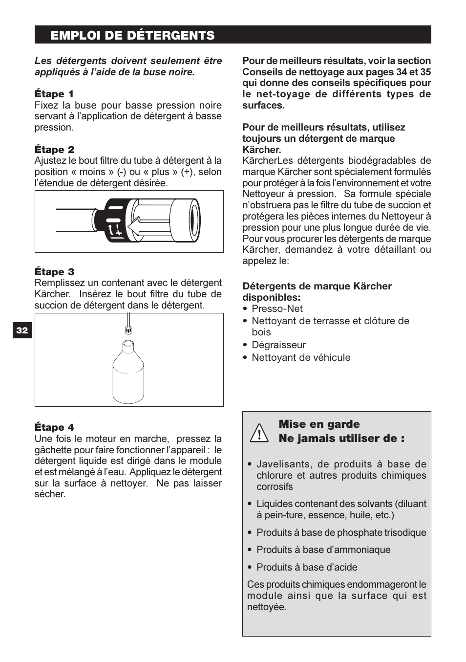 Emploi de détergents | Karcher G 2600 OR User Manual | Page 32 / 40