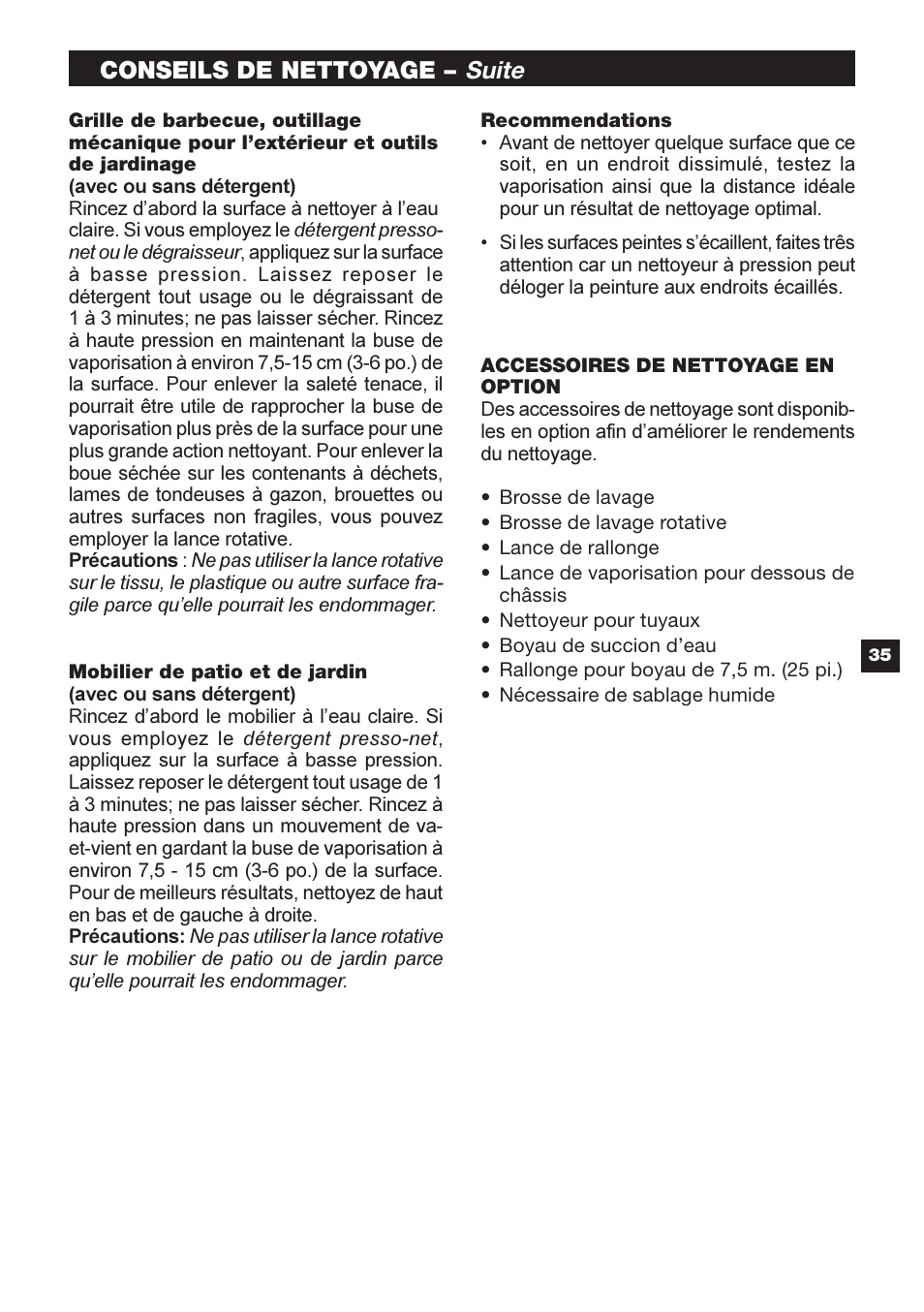 Suite, Conseils de nettoyage | Karcher G 2600 OR User Manual | Page 35 / 40