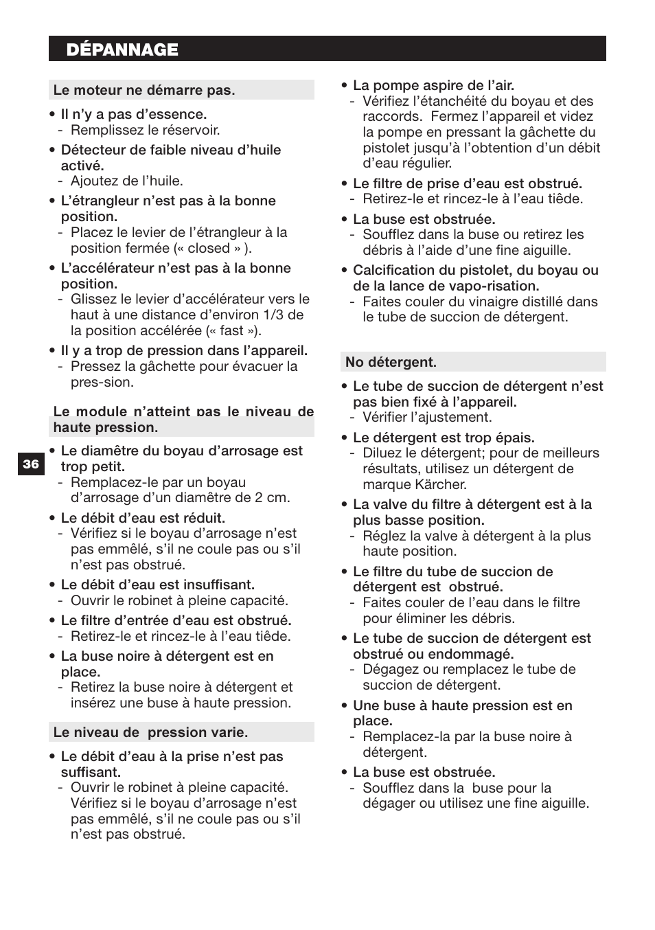 Dépannage troubleshooting | Karcher G 2600 OR User Manual | Page 36 / 40