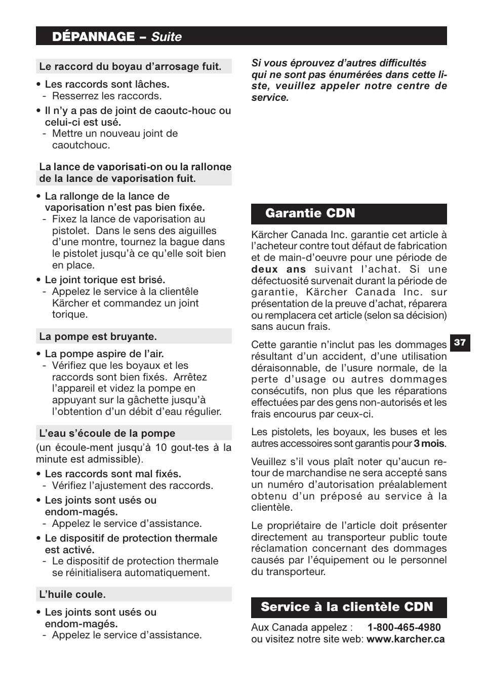 Suite, Dépannage, Garantie cdn | Service à la clientèle cdn | Karcher G 2600 OR User Manual | Page 37 / 40