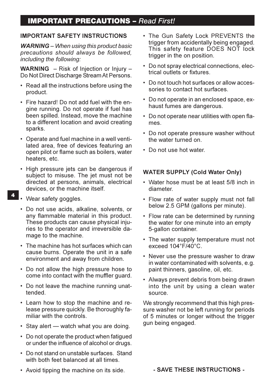 Important precautions – read first | Karcher G 2600 OR User Manual | Page 4 / 40