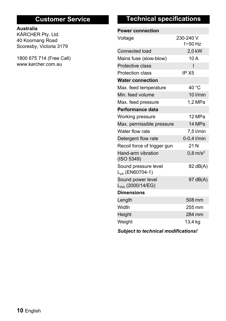 Customer service technical specifications | Karcher K 5.20 M User Manual | Page 10 / 12
