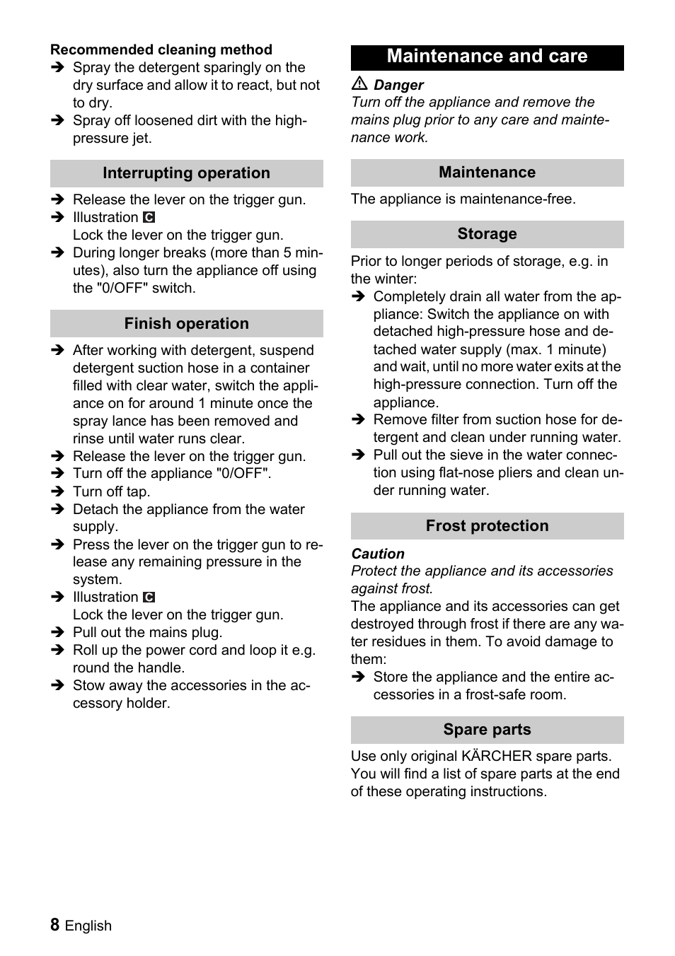 Maintenance and care | Karcher K 5.20 M User Manual | Page 8 / 12