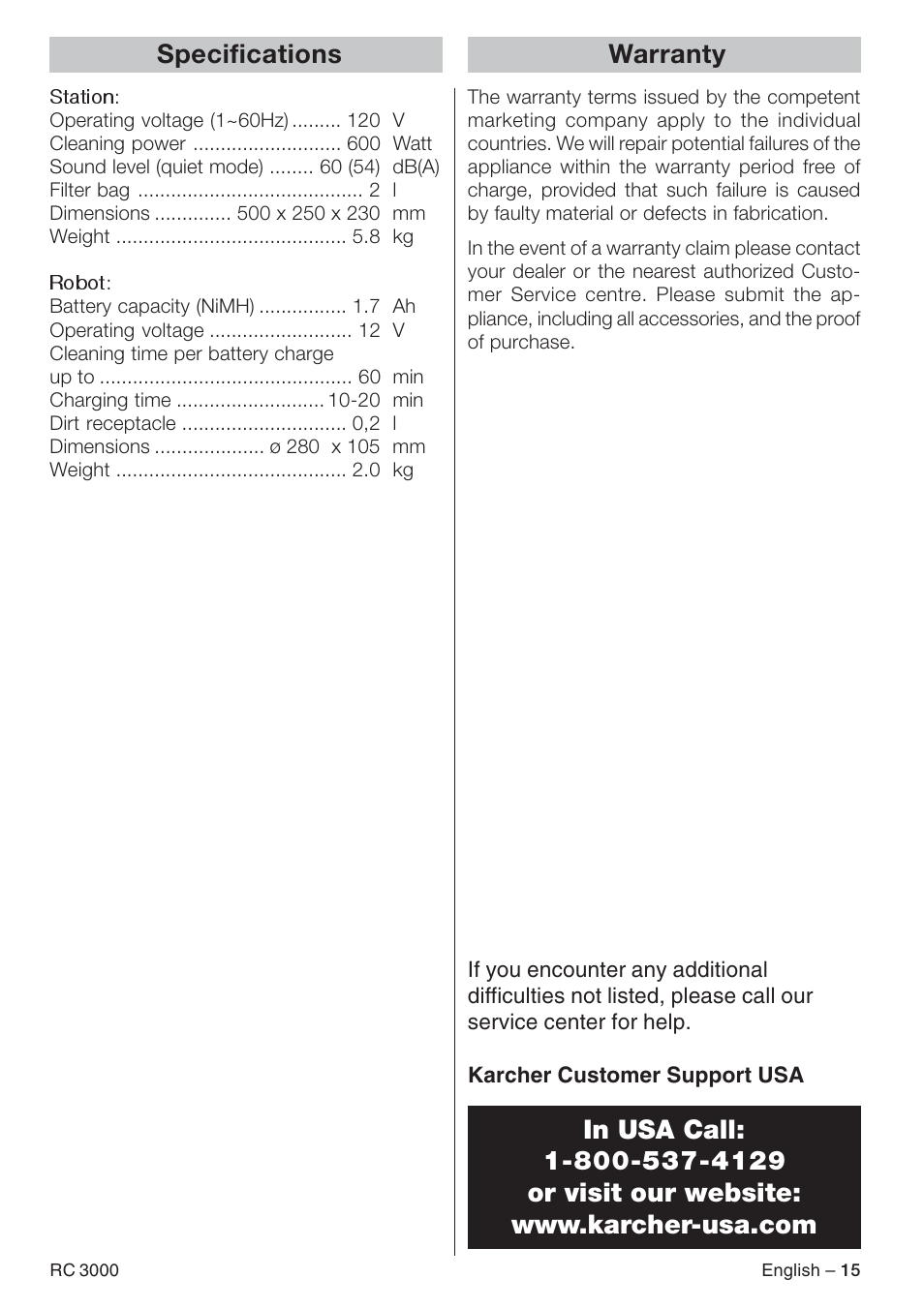 Specifications, Warranty | Karcher RC 3000 User Manual | Page 15 / 17