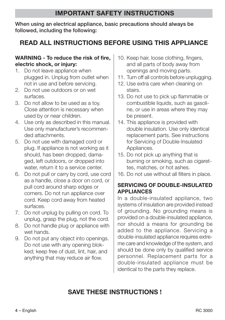 Save these instructions | Karcher RC 3000 User Manual | Page 4 / 17