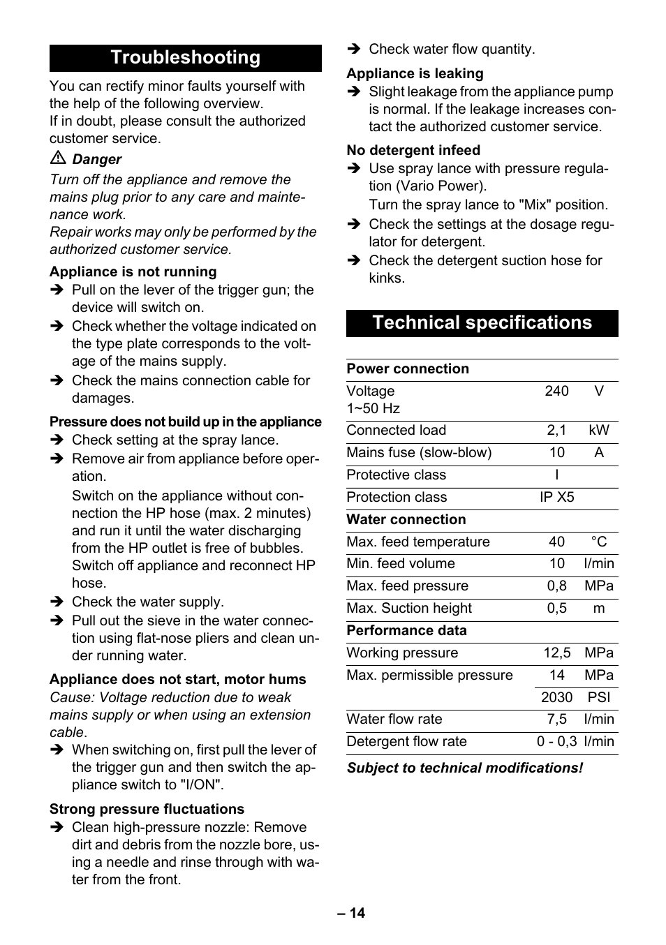 Troubleshooting, Technical specifications | Karcher K 5.700 User Manual | Page 14 / 16