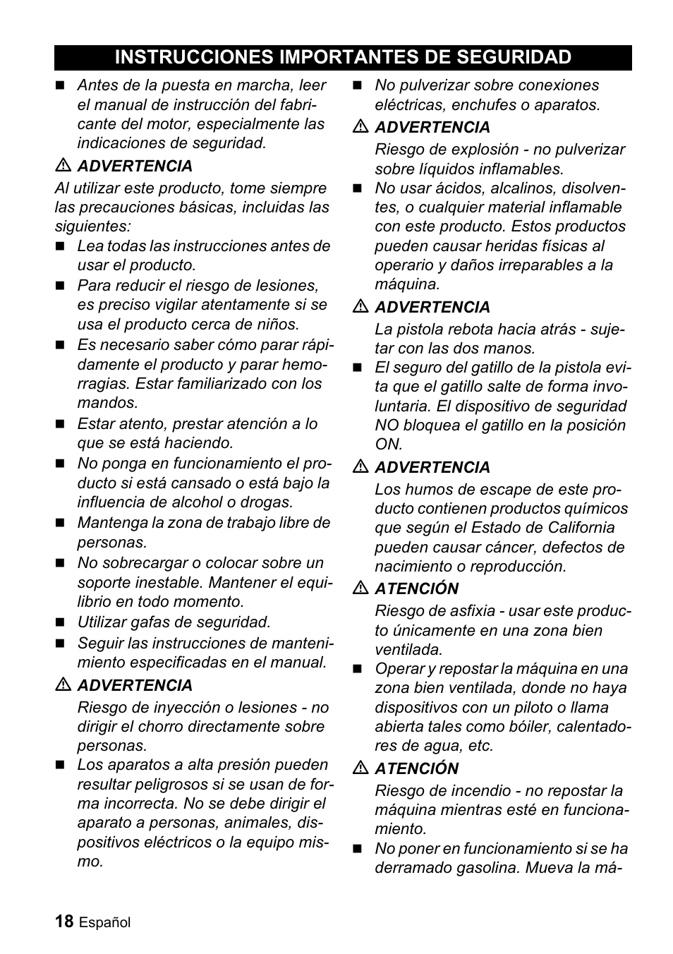 Instrucciones importantes de seguridad | Karcher G 3050 OH User Manual | Page 18 / 46