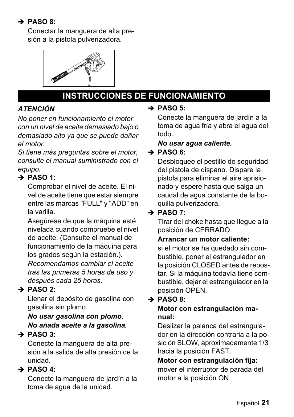 Instrucciones de funcionamiento | Karcher G 3050 OH User Manual | Page 21 / 46