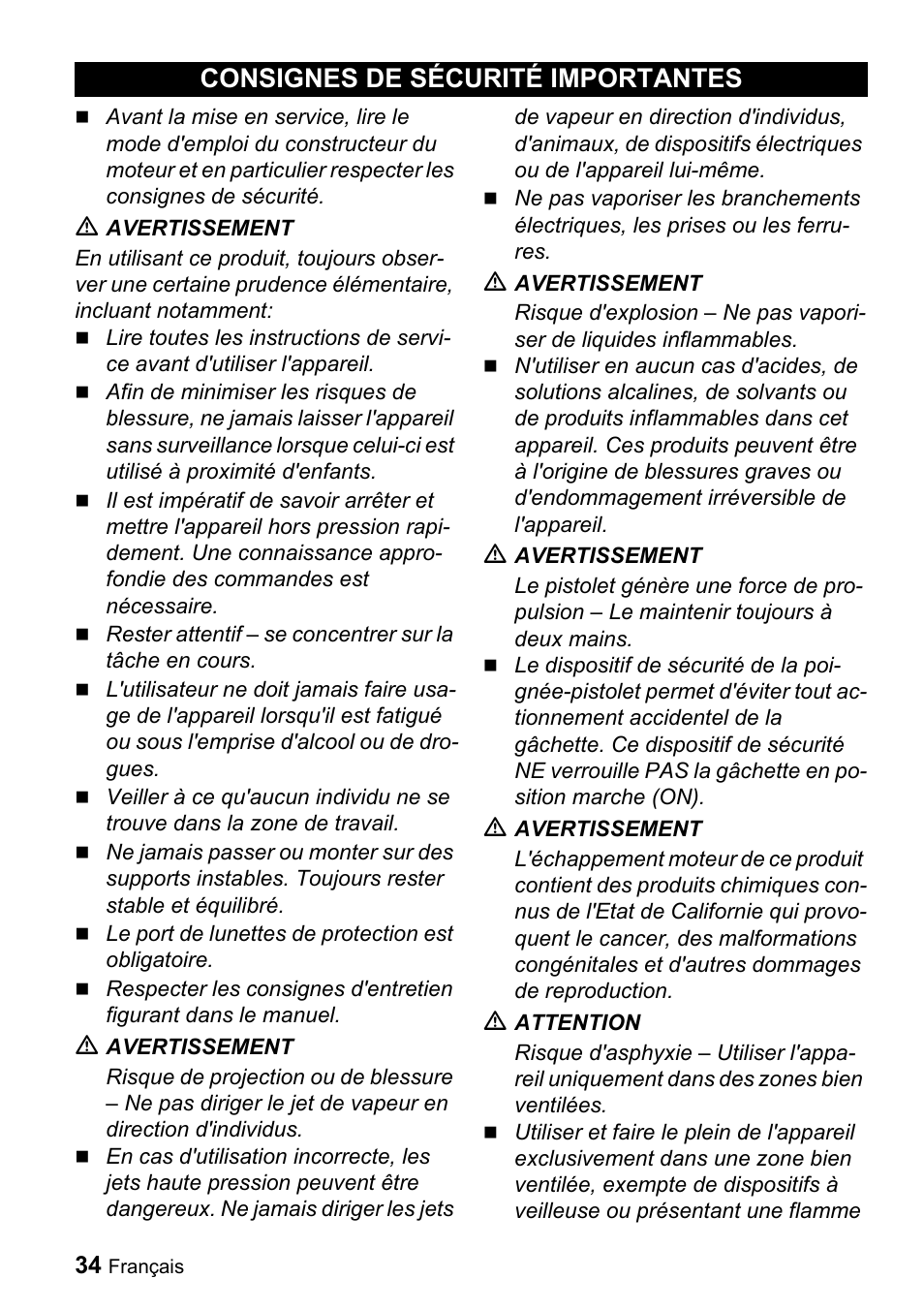 Consignes de sécurité importantes | Karcher G 3050 OH User Manual | Page 34 / 46