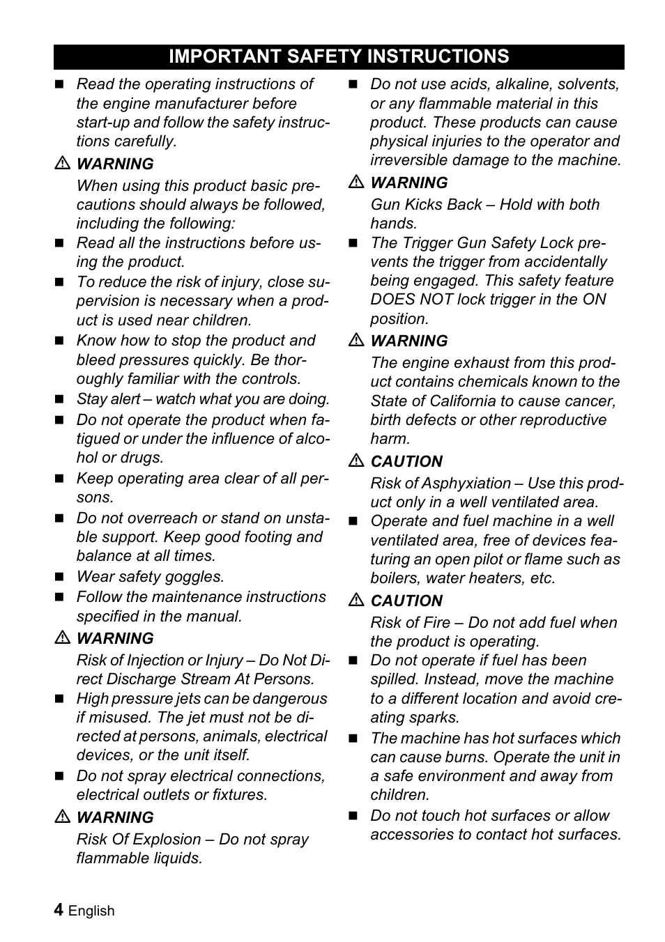 Important safety instructions | Karcher G 3050 OH User Manual | Page 4 / 46