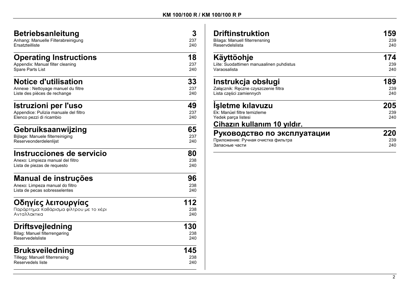 Betriebsanleitung 3, Operating instructions 18, Notice d'utilisation 33 | Istruzioni per l'uso 49, Gebruiksaanwijzing 65, Instrucciones de servicio 80, Manual de instruções 96, Οδηγίες λειτουργίας 112, Driftsvejledning 130, Bruksveiledning 145 | Karcher KM 100 / 100 R P User Manual | Page 2 / 21