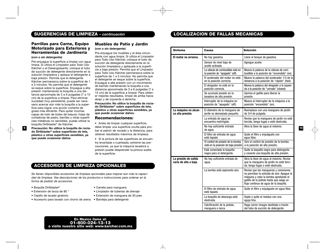 Sugerencias de limpieza, Accesorios de limpieza opcionales, Localizacion de fallas mecanicas | Karcher HD 3000 User Manual | Page 13 / 21