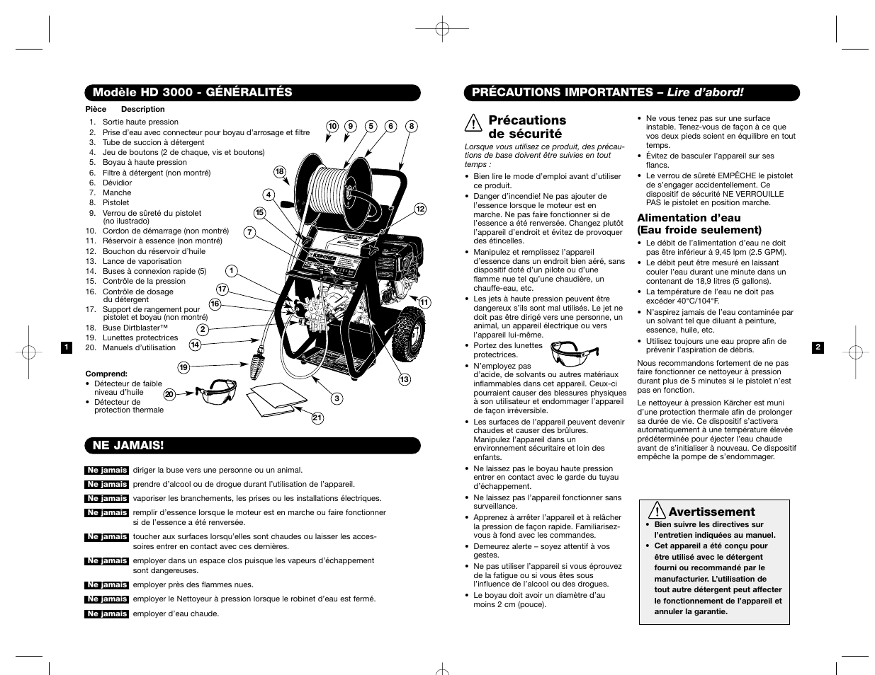 Précautions de sécurité, Précautions importantes – lire d’abord, Avertissement | Modèle hd 3000 - généralités, Ne jamais | Karcher HD 3000 User Manual | Page 16 / 21