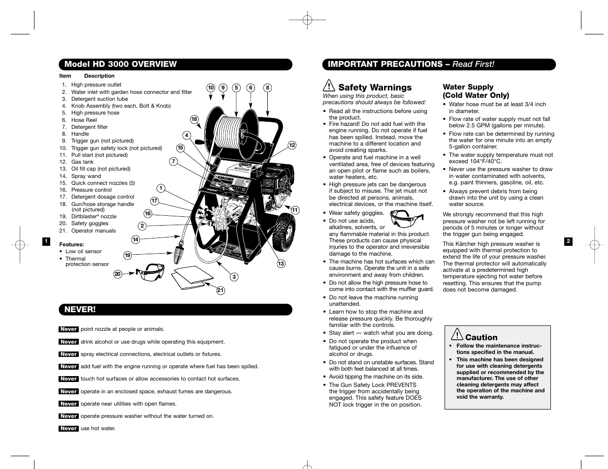 Safety warnings, Never! model hd 3000 overview, Important precautions – read first | Caution | Karcher HD 3000 User Manual | Page 2 / 21