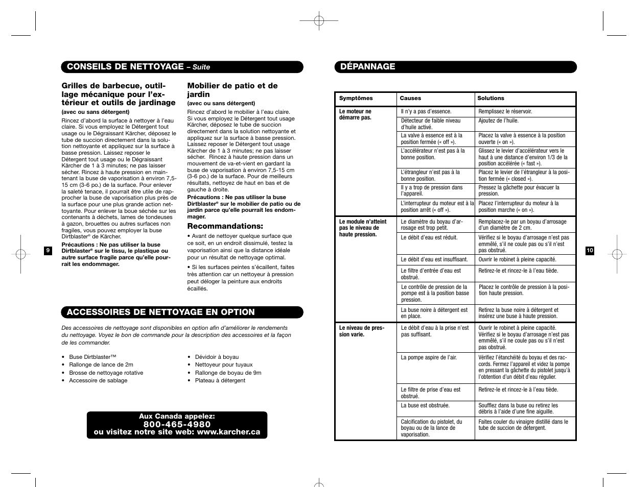 Conseils de nettoyage, Accessoires de nettoyage en option, Dépannage | Karcher HD 3000 User Manual | Page 20 / 21