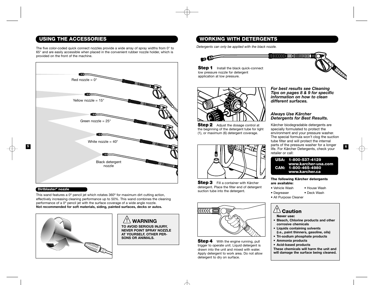 Using the accessories, Working with detergents, Caution | Warning | Karcher HD 3000 User Manual | Page 4 / 21