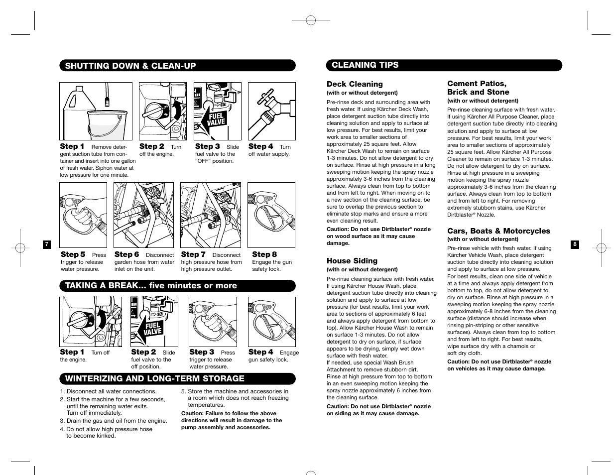 Shutting down & clean-up, Winterizing and long-term storage, Taking a break... five minutes or more | Cleaning tips | Karcher HD 3000 User Manual | Page 5 / 21