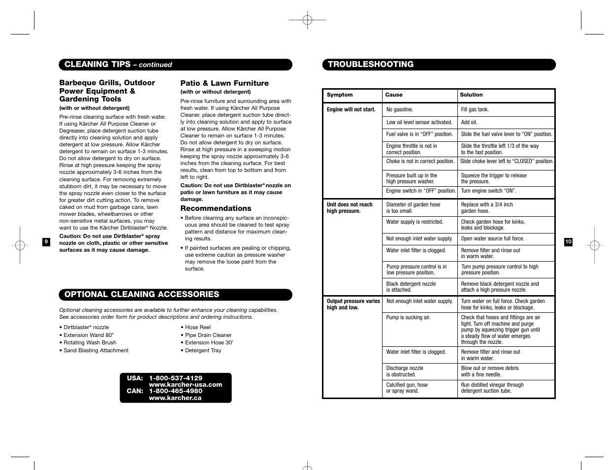 Cleaning tips, Optional cleaning accessories, Troubleshooting | Karcher HD 3000 User Manual | Page 6 / 21