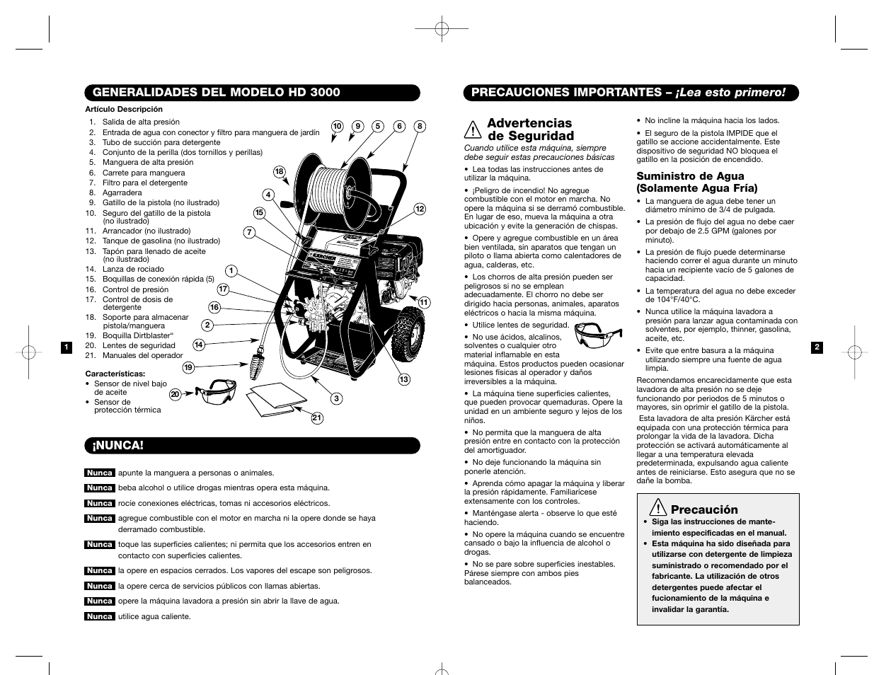 Advertencias de seguridad, Precauciones importantes – ¡lea esto primero, Precaución | Generalidades del modelo hd 3000, Nunca | Karcher HD 3000 User Manual | Page 9 / 21