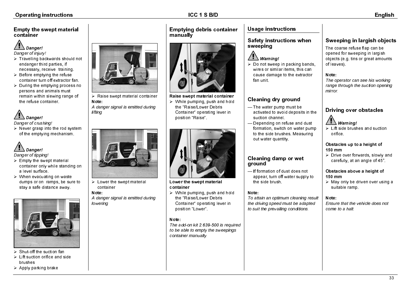 Operating instructions icc 1 s b/d english, Empty the swept material container, Emptying debris container manually | Cleaning dry ground, Cleaning damp or wet ground, Sweeping in largish objects, Driving over obstacles | Karcher 1.142-114 User Manual | Page 10 / 25