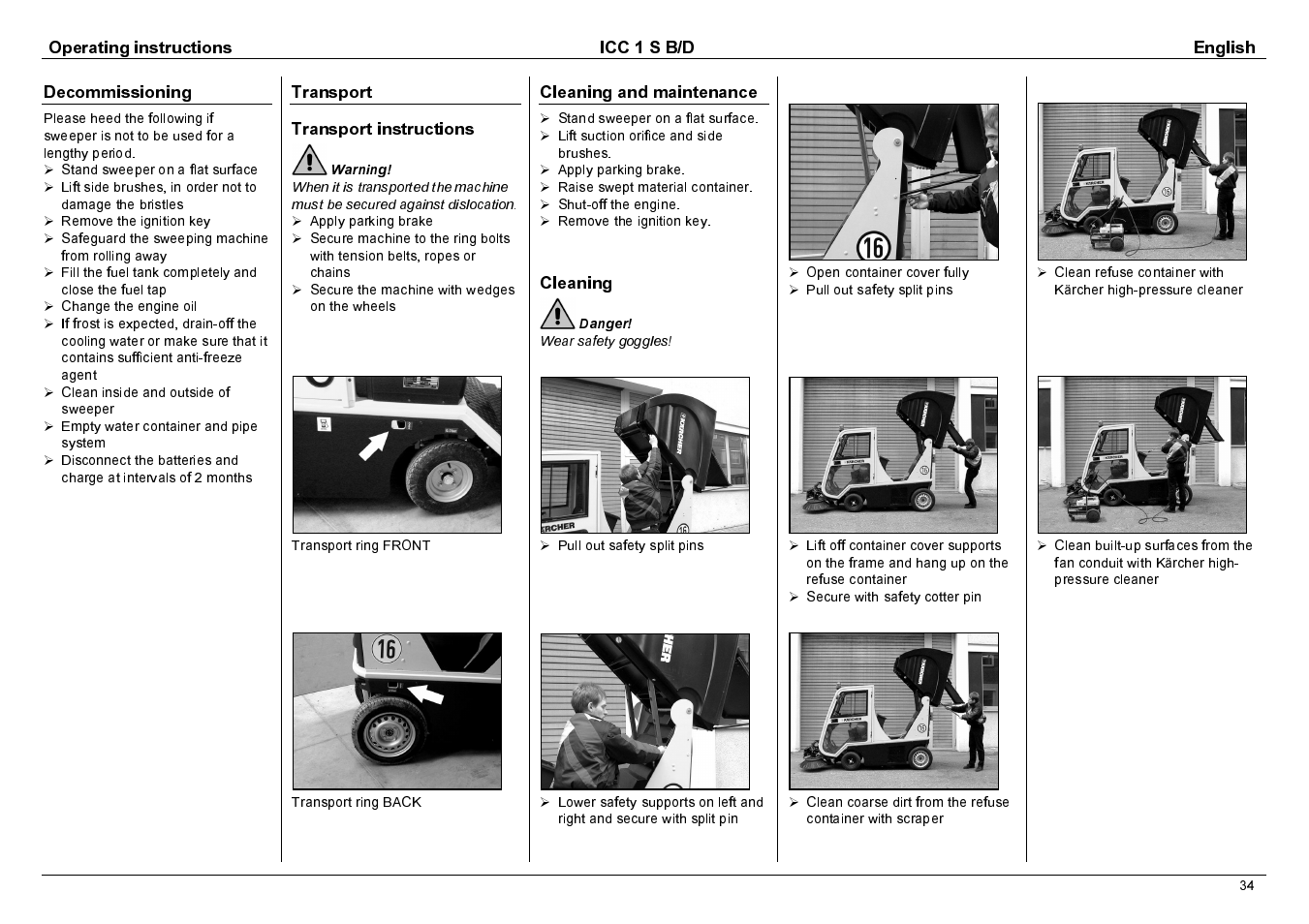 Operating instructions icc 1 s b/d english, Decommissioning, Transport transport instructions | Cleaning and maintenance, Cleaning | Karcher 1.142-114 User Manual | Page 11 / 25