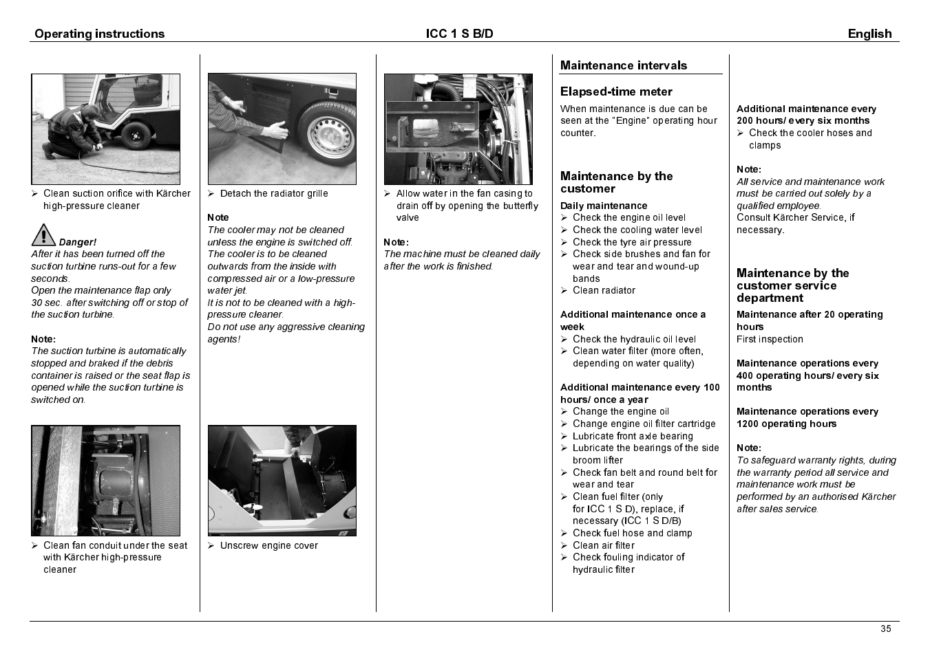 Operating instructions icc 1 s b/d english, Maintenance intervals elapsed-time meter, Maintenance by the customer | Maintenance by the customer service department | Karcher 1.142-114 User Manual | Page 12 / 25