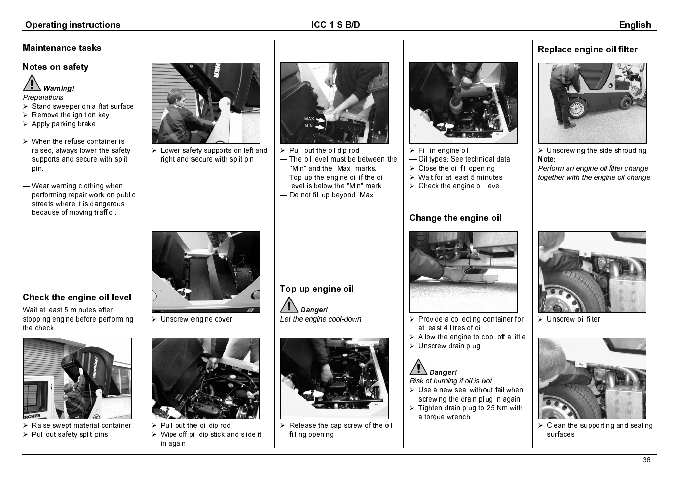 Operating instructions icc 1 s b/d english, Check the engine oil level, Top up engine oil | Change the engine oil, Replace engine oil filter | Karcher 1.142-114 User Manual | Page 13 / 25