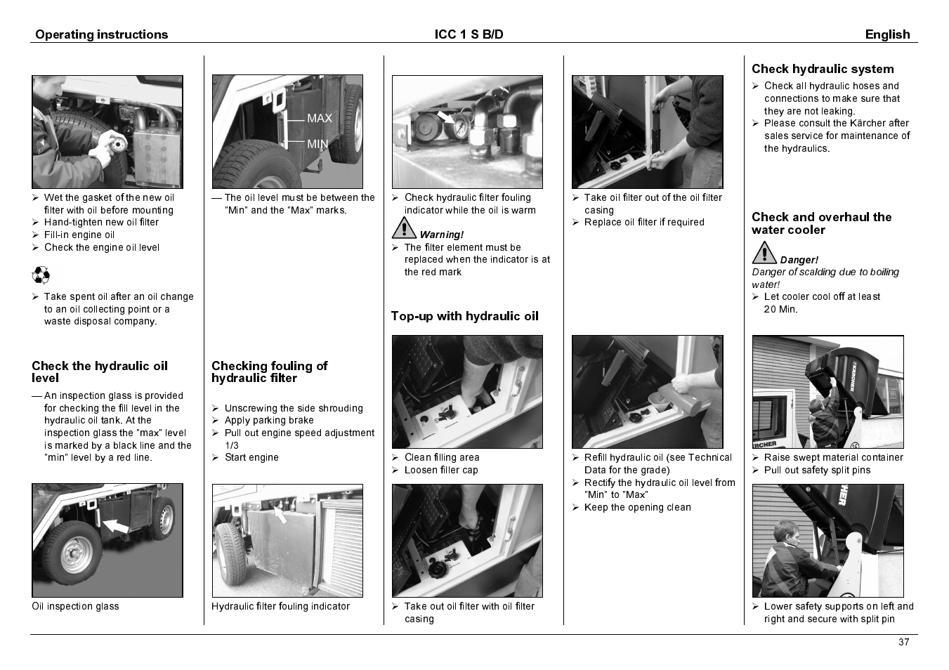 Operating instructions icc 1 s b/d english, Check the hydraulic oil level, Checking fouling of hydraulic filter | Top-up with hydraulic oil, Check hydraulic system, Check and overhaul the water cooler | Karcher 1.142-114 User Manual | Page 14 / 25