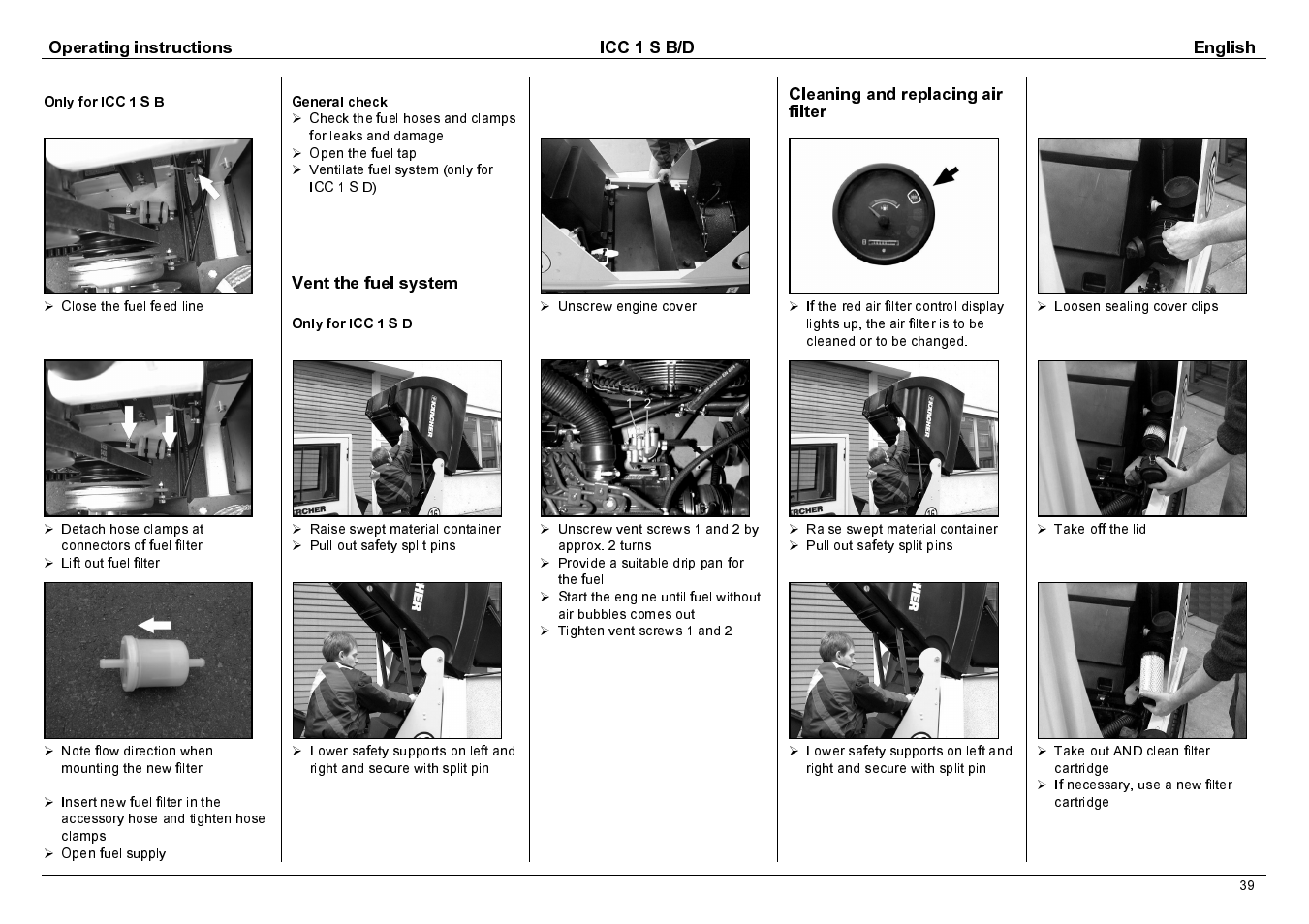 Operating instructions icc 1 s b/d english, Vent the fuel system, Cleaning and replacing air filter | Karcher 1.142-114 User Manual | Page 16 / 25