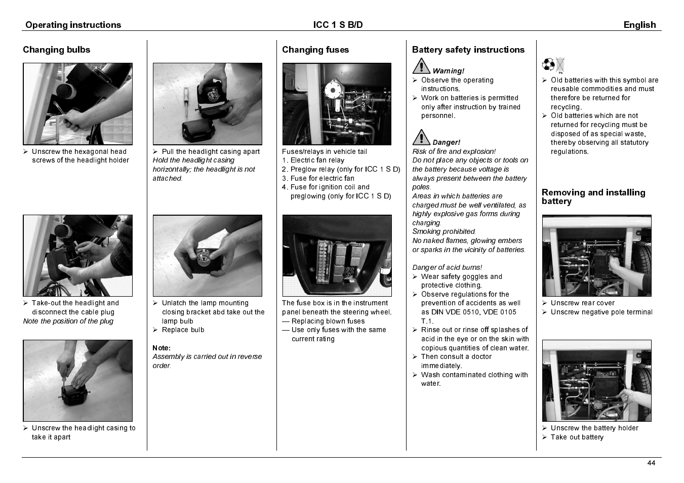 Operating instructions icc 1 s b/d english, Changing bulbs, Changing fuses | Battery safety instructions, Removing and installing battery | Karcher 1.142-114 User Manual | Page 21 / 25