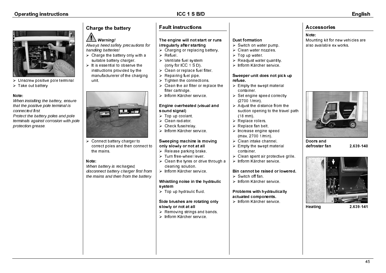 Operating instructions icc 1 s b/d english, Charge the battery, Fault instructions | Accessories | Karcher 1.142-114 User Manual | Page 22 / 25