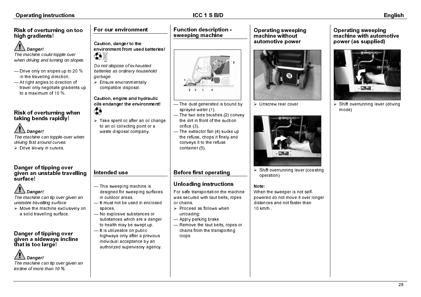 Operating instructions icc 1 s b/d english, Risk of overturning on too high gradients, Risk of overturning when taking bends rapidly | For our environment, Intended use, Function description - sweeping machine, Before first operating unloading instructions | Karcher 1.142-114 User Manual | Page 5 / 25