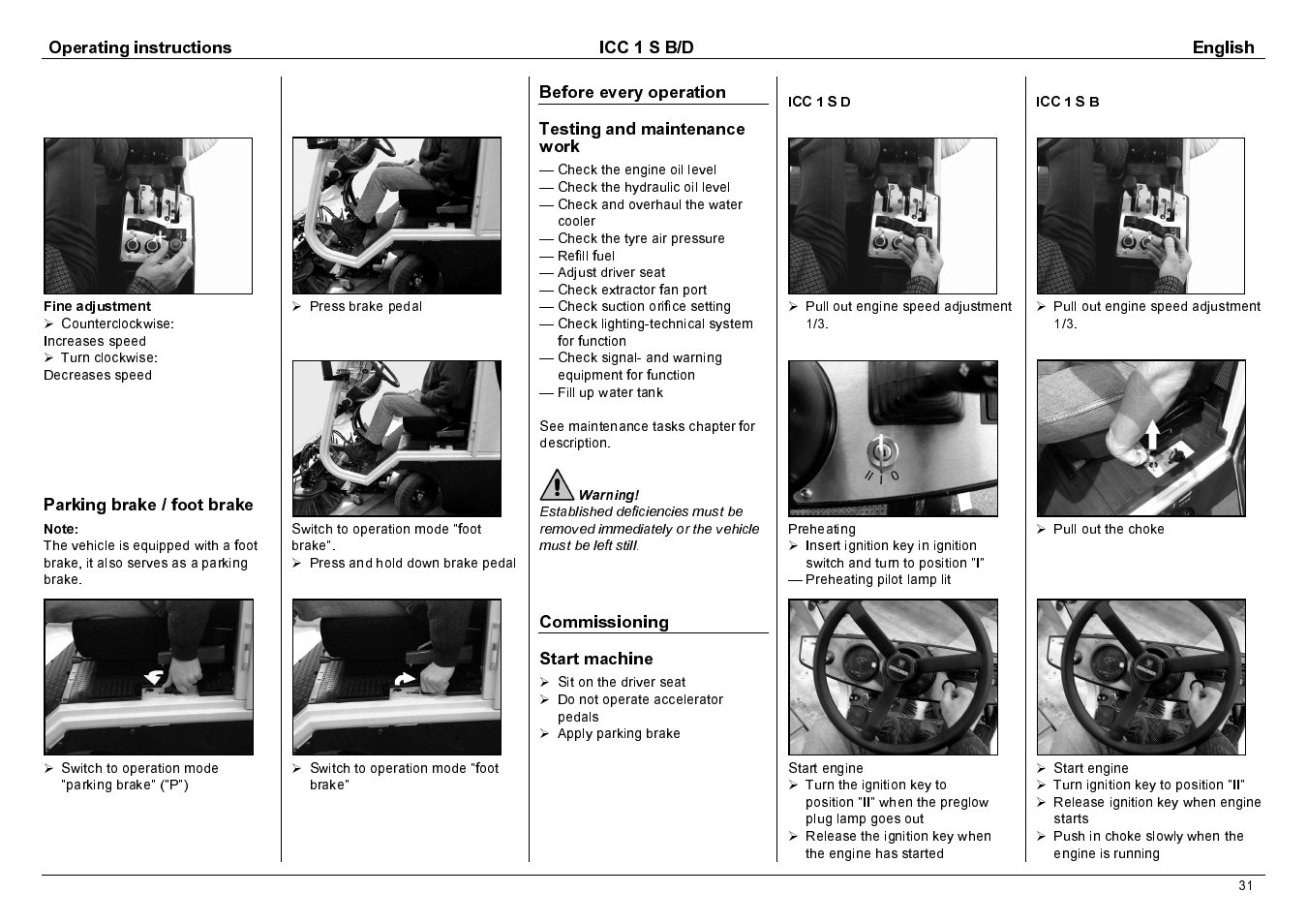 Operating instructions icc 1 s b/d english, Parking brake / foot brake, Commissioning start machine | Karcher 1.142-114 User Manual | Page 8 / 25