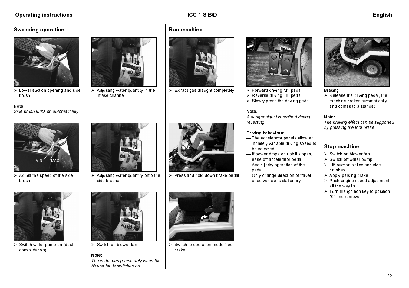 Operating instructions icc 1 s b/d english, Sweeping operation, Run machine | Stop machine | Karcher 1.142-114 User Manual | Page 9 / 25