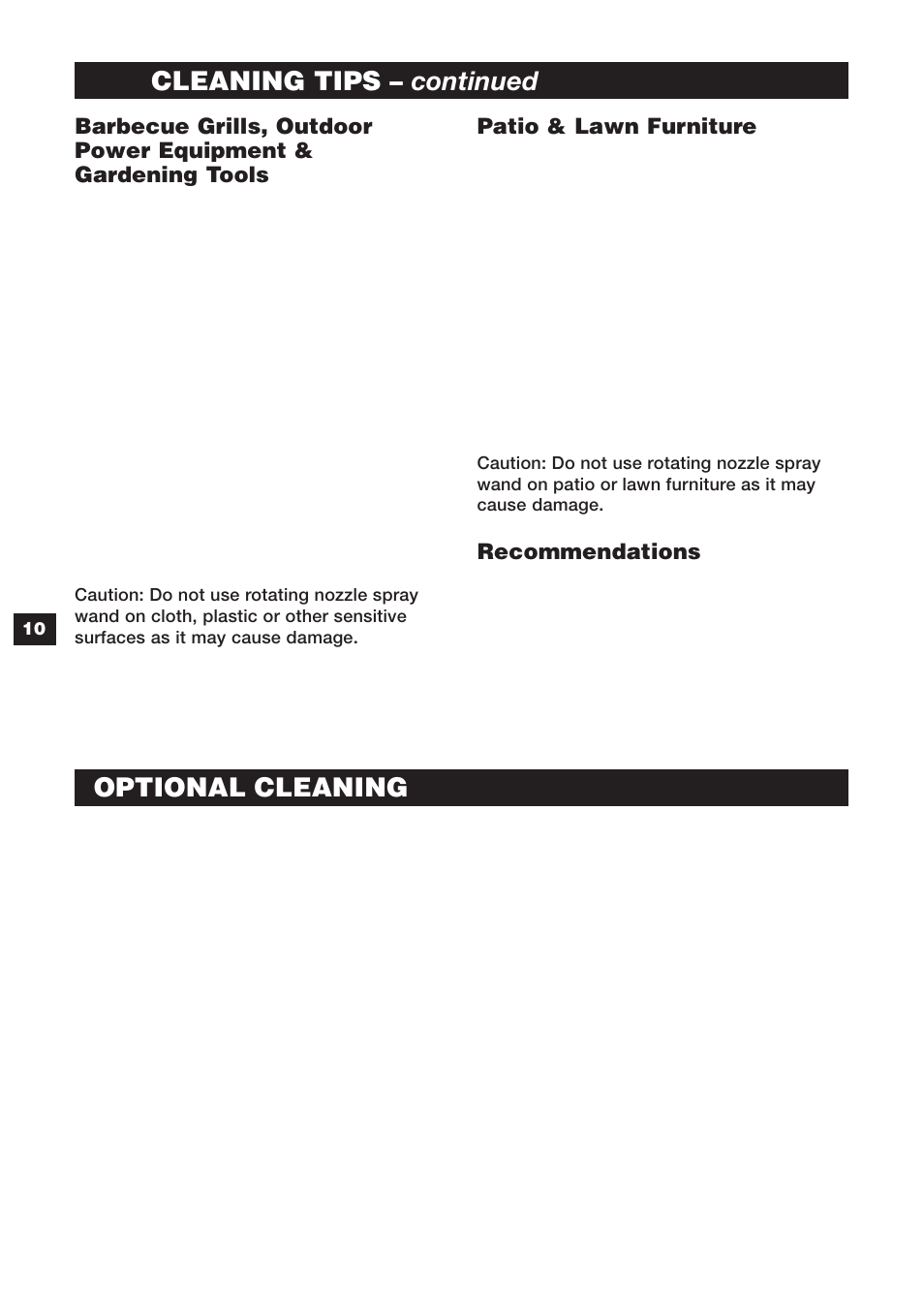 Cleaning tips – continued, Optional cleaning | Karcher K 240 User Manual | Page 10 / 24