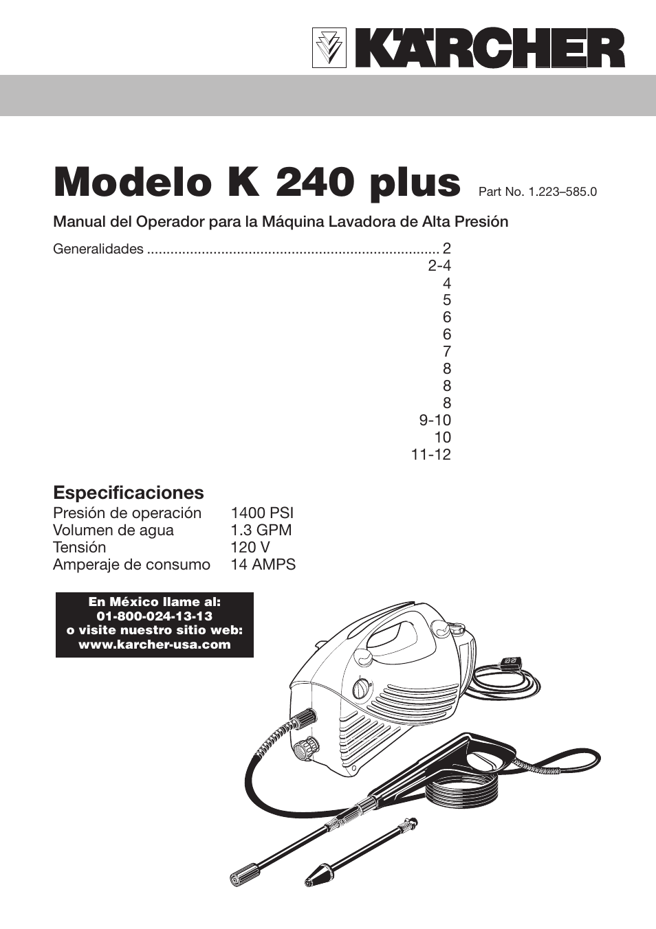 Modelo k 240 plus, Especificaciones | Karcher K 240 User Manual | Page 13 / 24