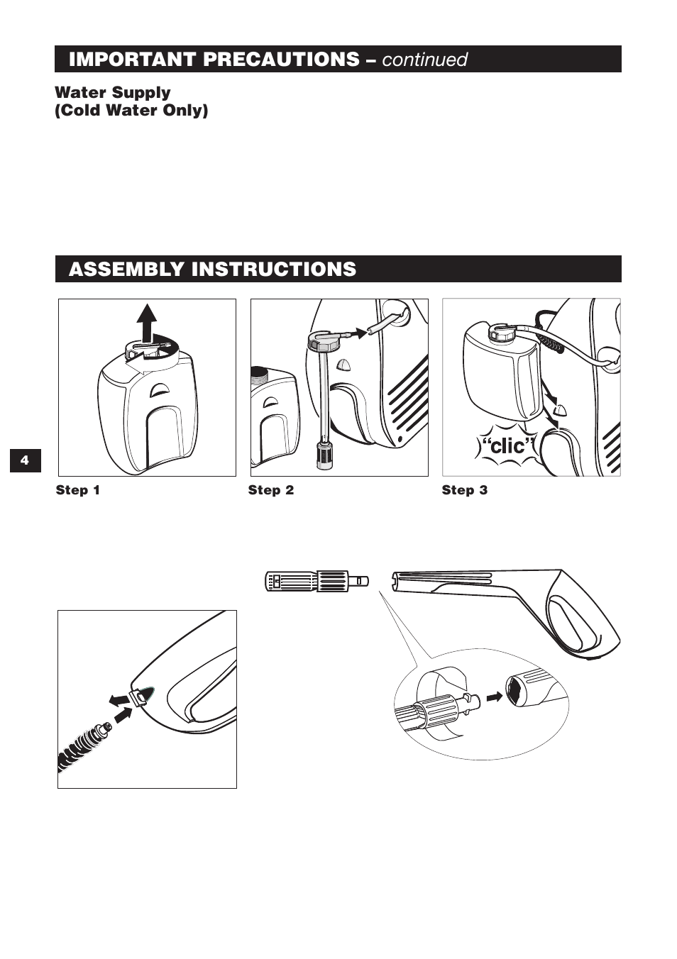 Important precautions – continued, Assembly instructions | Karcher K 240 User Manual | Page 4 / 24